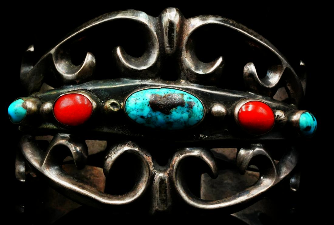 Navajo 1970s Turquoise, Red Coral & Sterling Cuff (1 of 5)