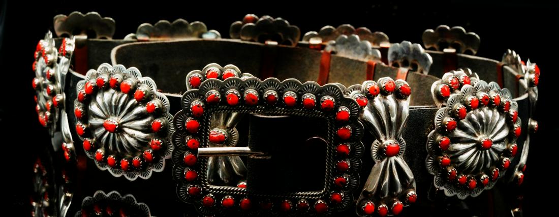 Zuni 1960s Coral, Sterling & Leather Concho Belt (1 of 5)