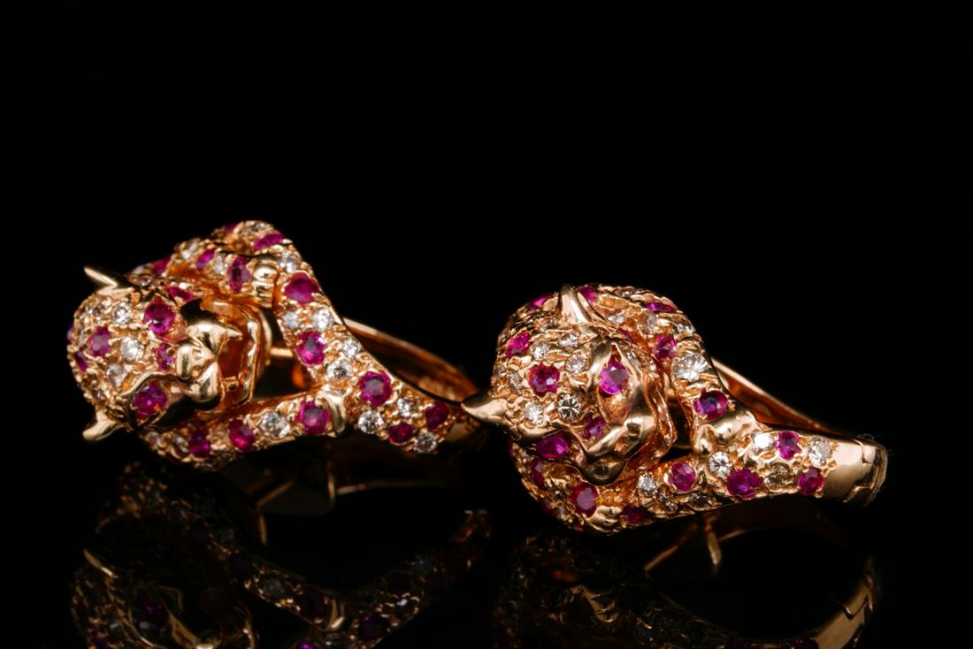 1.50ctw Ruby, 1.20ctw Diamond 14K Panther Earrings (1 of 4)