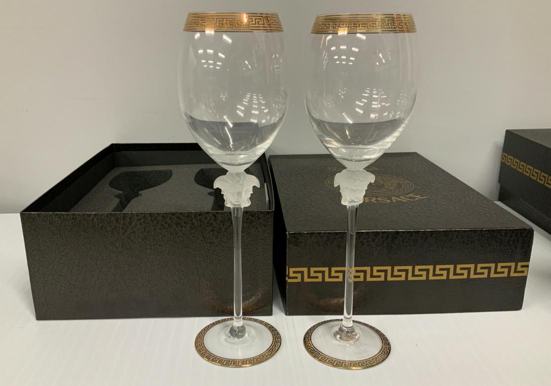 Versace by Rosenthal Medusa D'or Crystal Goblets: Versace by Rosenthal Medusa D'or Crystal Goblets W/Original Box - This Versace Medusa D'or pair of crystal goblets was made for Versace by Rosenthal in Austria, and includes the original box. Measurem