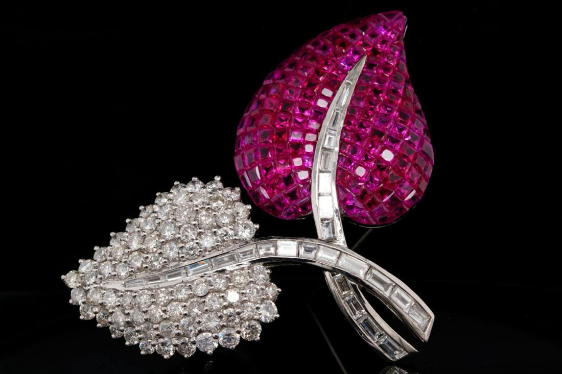 7.00ctw Diamond, 6.00ctw Ruby & 18K Leaf Brooch (1 of 6)