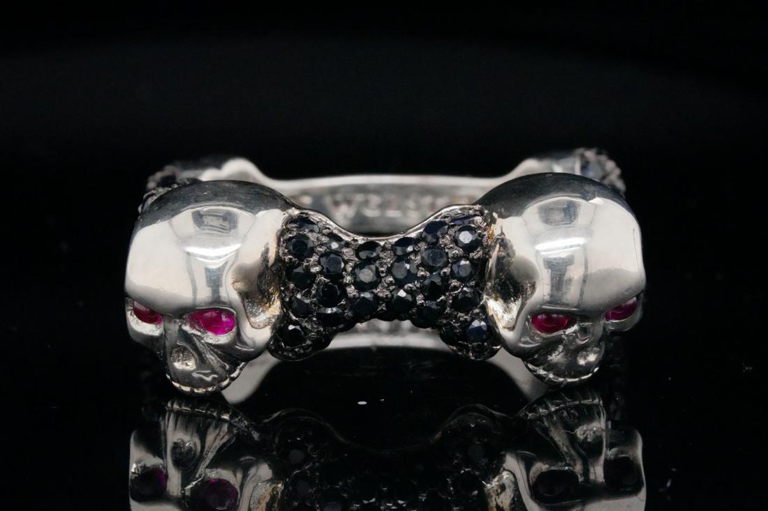 Stephen Webster Black Sapphire & Sterling Silver Ring: Stephen Webster 2.80ctw Black Sapphire, 0.25ctw Ruby and Solid Sterling Silver Skull and Bones Ring - This Skull and Bones ring from Stephen Webster is made of solid sterling silver and has two 3d sku