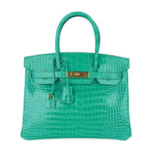 Hermes Jade Green Shiny Porosus Crocodile Birkin 30: Hermes Jade Green Shiny Porosus Crocodile Birkin 30 (Never Carried W/Box, Dust Cover and Rain Jacket) - This exceptional handbag from Hermes is a must have for Hermes collectors and fashion lovers ali