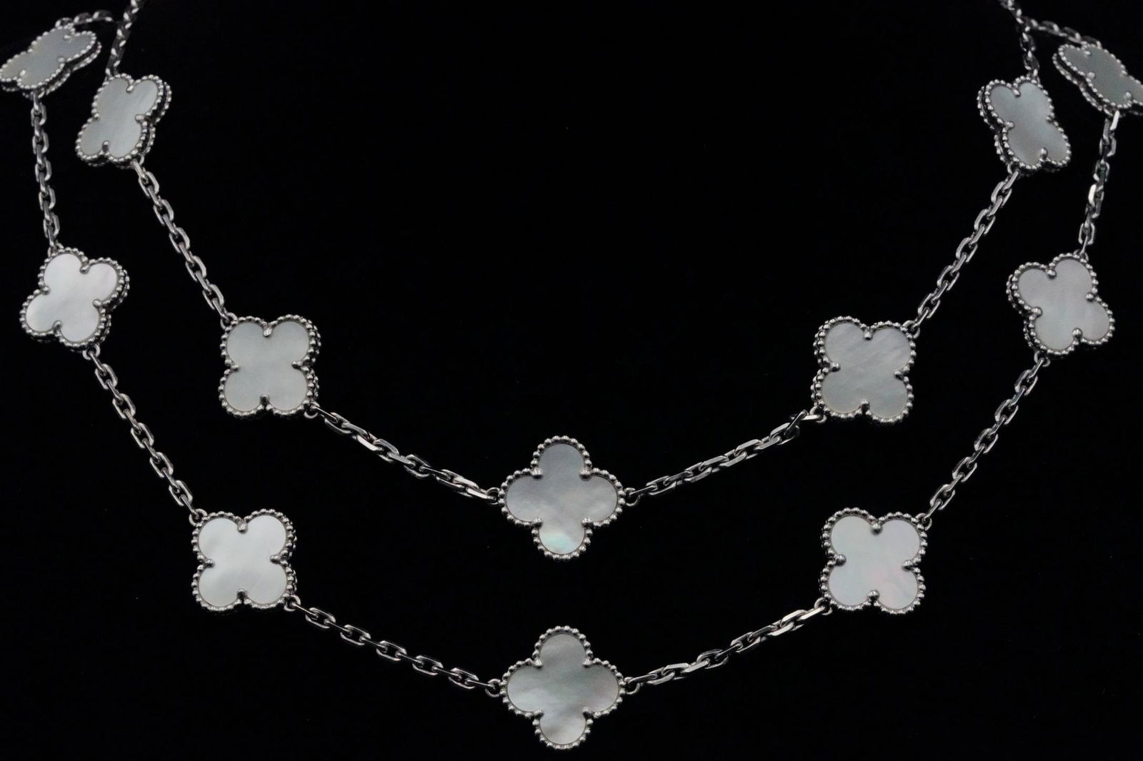 Van Cleef & Arpels Vintage Alhambra 18K/MOP Necklace: Van Cleef & Arpels Vintage Alhambra Solid 18K White Gold and Mother of Pearl 20-Motif Long Necklace - This stunning sautoir cocktail necklace was made by one of the world's foremost designers of high-