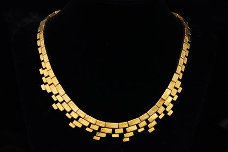 Ilias Lalaounis 18K Hammered Brick Link Necklace: Ilias Lalaounis Solid 18K Yellow Gold Hammered Brick Link Necklace - This lovely necklace was made by famed Greek designer Ilias Lalaounis, and was finely crafted of solid 18k yellow gold. Ilias Lalao