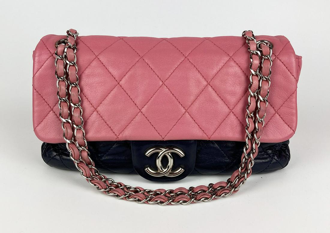 Chanel Pink and Navy Leather Medium Classic Flap Bag (1 of 11)