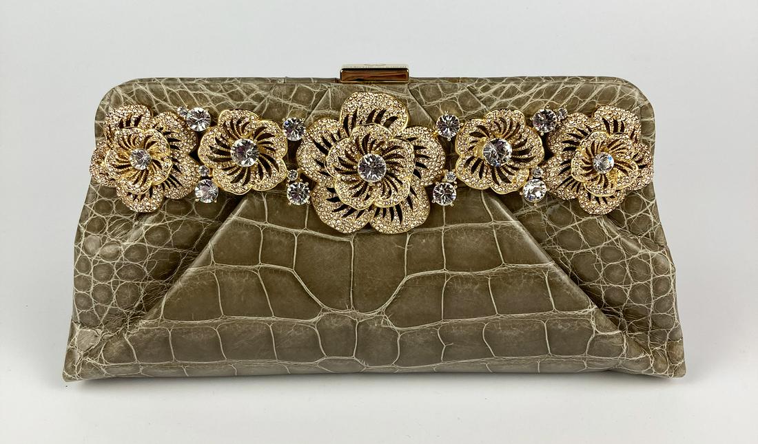 Valentino Tan Alligator Crystal Rosette Clutch (1 of 10)