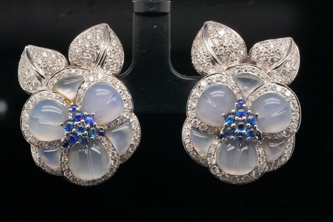 2.50ctw Diamond, Sapphire, Chalcedony 18K Ear Clips (1 of 4)