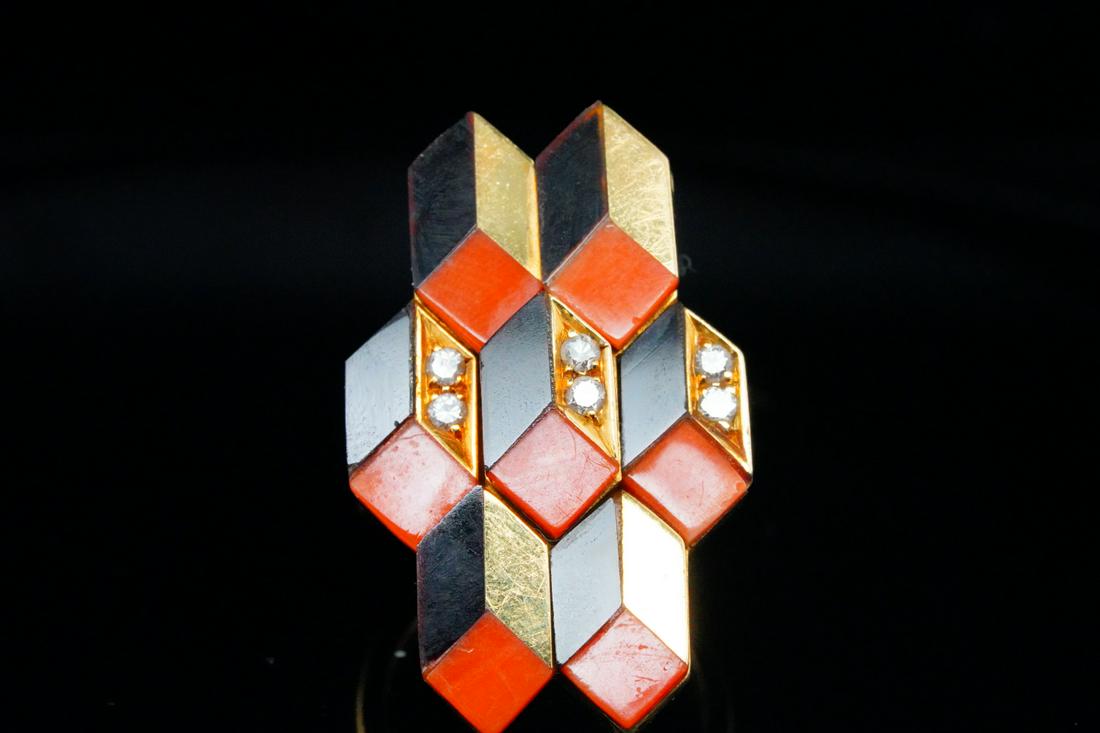 Spritzer & Fuhrmann Diamond, Coral and Onyx 18K Ring (1 of 5)