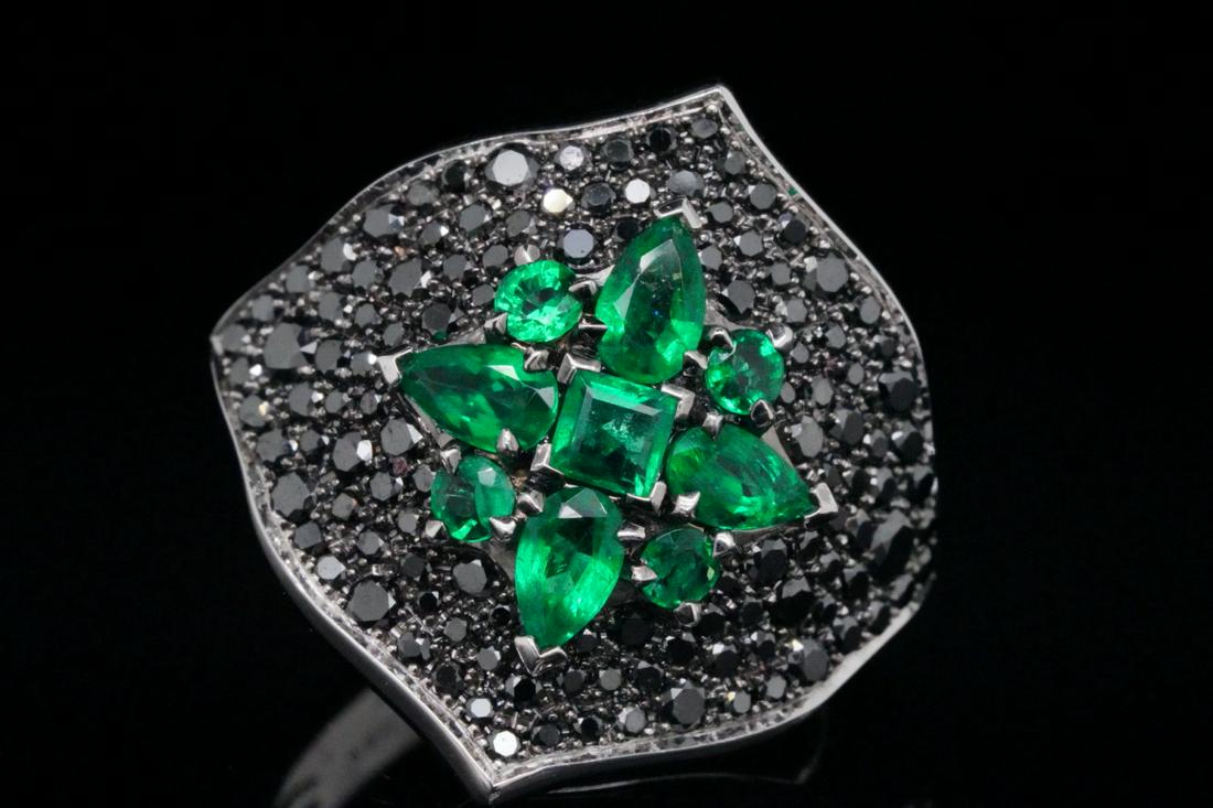Stephen Webster 2.35ctw Emerald & Diamond 18K Ring: Stephen Webster La Belle Epoque 1.15ctw Emerald, 1.20ctw Black Diamond Solid 18K White Gold Ring - This exquisite ring was created by world renowned British designer Stephen Webster, and is an incredi