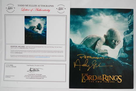 Andy Serkis "The Lord of the Rings" Autographed Photo: Andy Serkis "The Lord of the Rings" Autographed 8"x10" Photograph (Comes W/COA) - This 8"x10" photo of "Gollum" from The Lord of the Rings: The Two Towers is signed by actor Andy Serkis, who portrayed