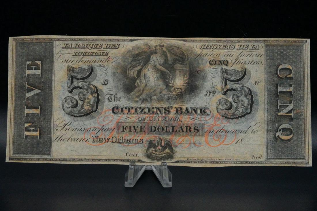 1800s Citizens' Bank of Louisiana $5 Bank Note: 1800s Undated Citizens' Bank of Louisiana $5 Bank Note - This wonderful piece of history is an undated 1800s Citizens' Bank of Louisiana $5 bank note.