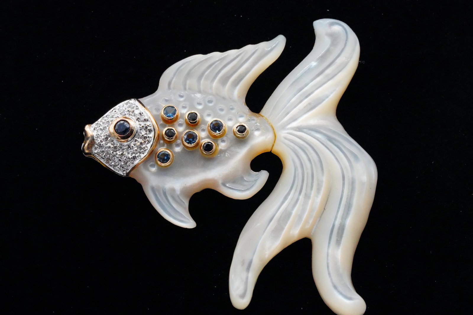 Erte Mother of Pearl, Sterling and 14K Fish Brooch (1 of 3)