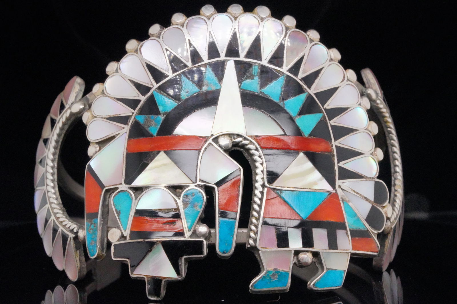 Zuni Multi-Inlaid Sterling Silver Kachina Dancer Cuff (1 of 5)