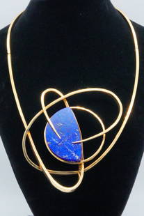 Ilias Lalaounis 47mm Lapis and 18K Space Age Necklace: Ilias Lalaounis Vintage 47mm Lapis and Solid 18K Yellow Gold Space Age Necklace - This beautiful Space Age necklace was made by Greek master jeweler Ilias Lalaounis. The necklace is crafted of solid 1