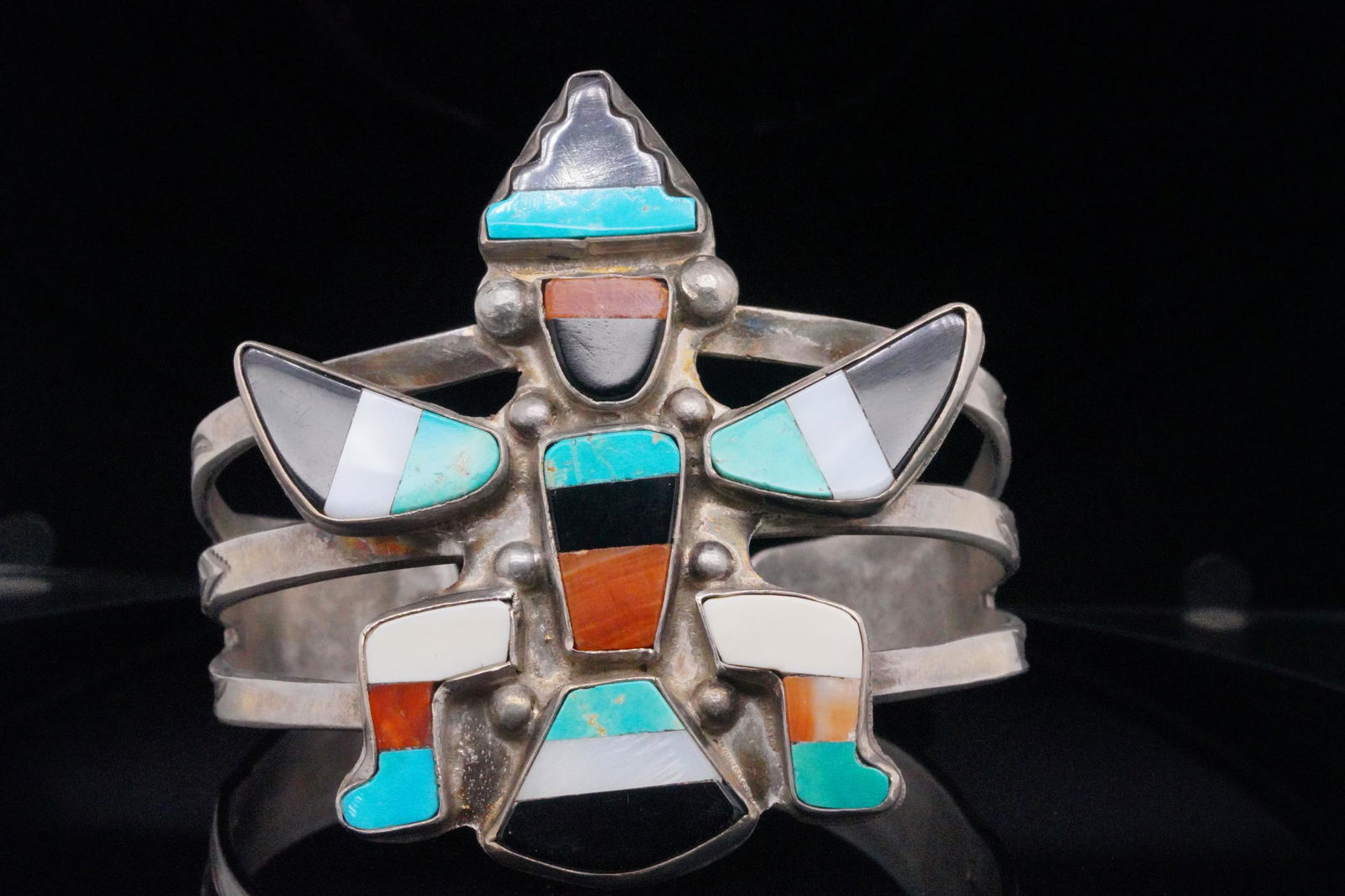 Zuni Multi-Inlaid Sterling Silver Kachina Dancer Cuff (1 of 4)