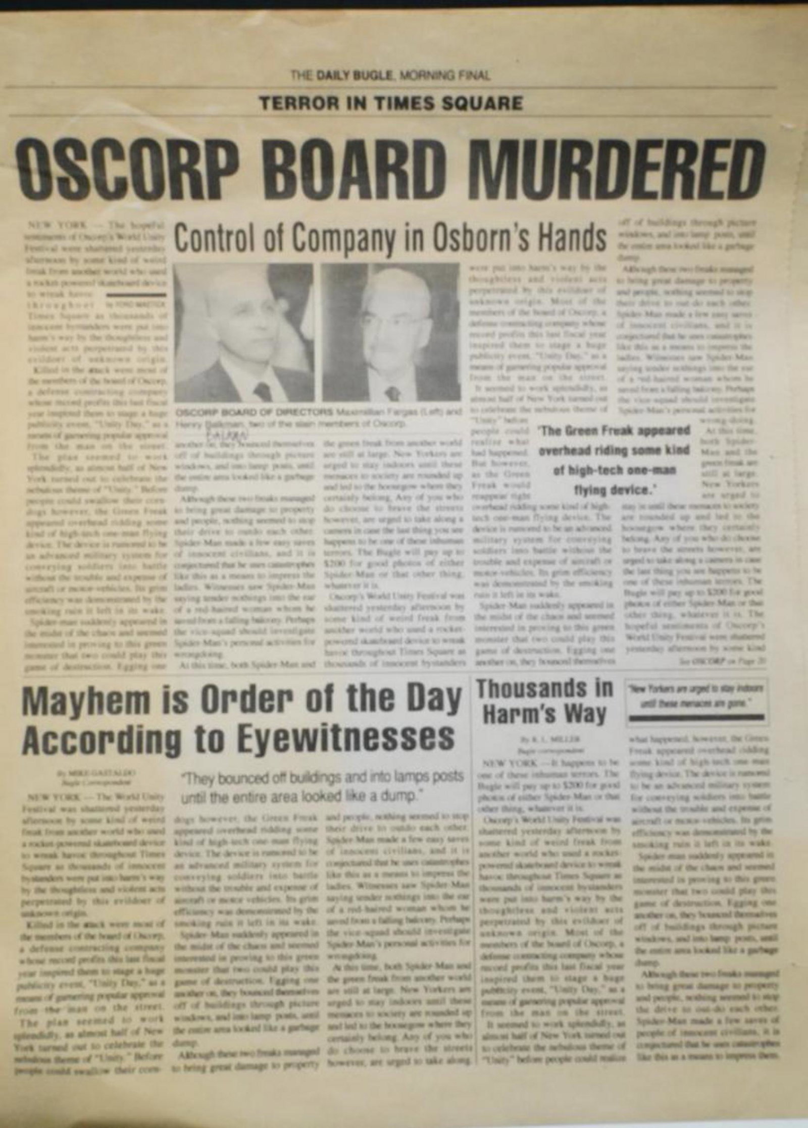 Spider-Man (2002) Prop Daily Bugle Morning Final-Oscorp Board Murdered Newspaper W/COA (1 of 3)