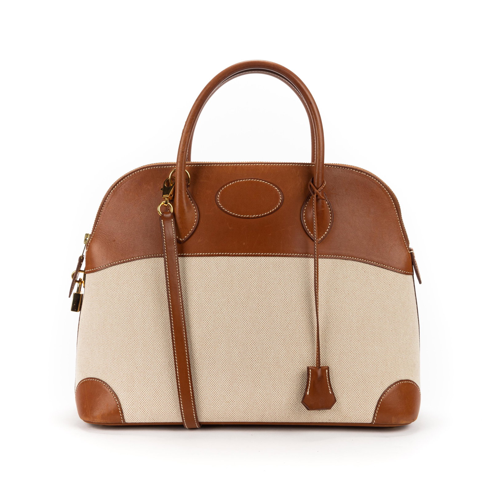 Hermes Toile H Canvas and Tan Barenia Leather Bolide 35 (1 of 10)