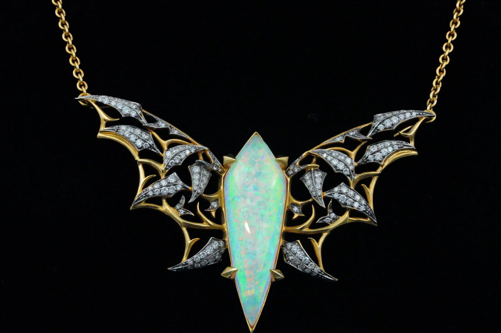 Stephen Webster 2.00ctw Diamond 18K Bat-Moth Necklace: Stephen Webster Fly by Night Collection 2.00ctw VS1-VS2/F-G Diamond, Opal and Quartz, Solid 18K Yellow and Blackened Gold Bat-Moth Necklace - This beautiful necklace was made by world renowned British