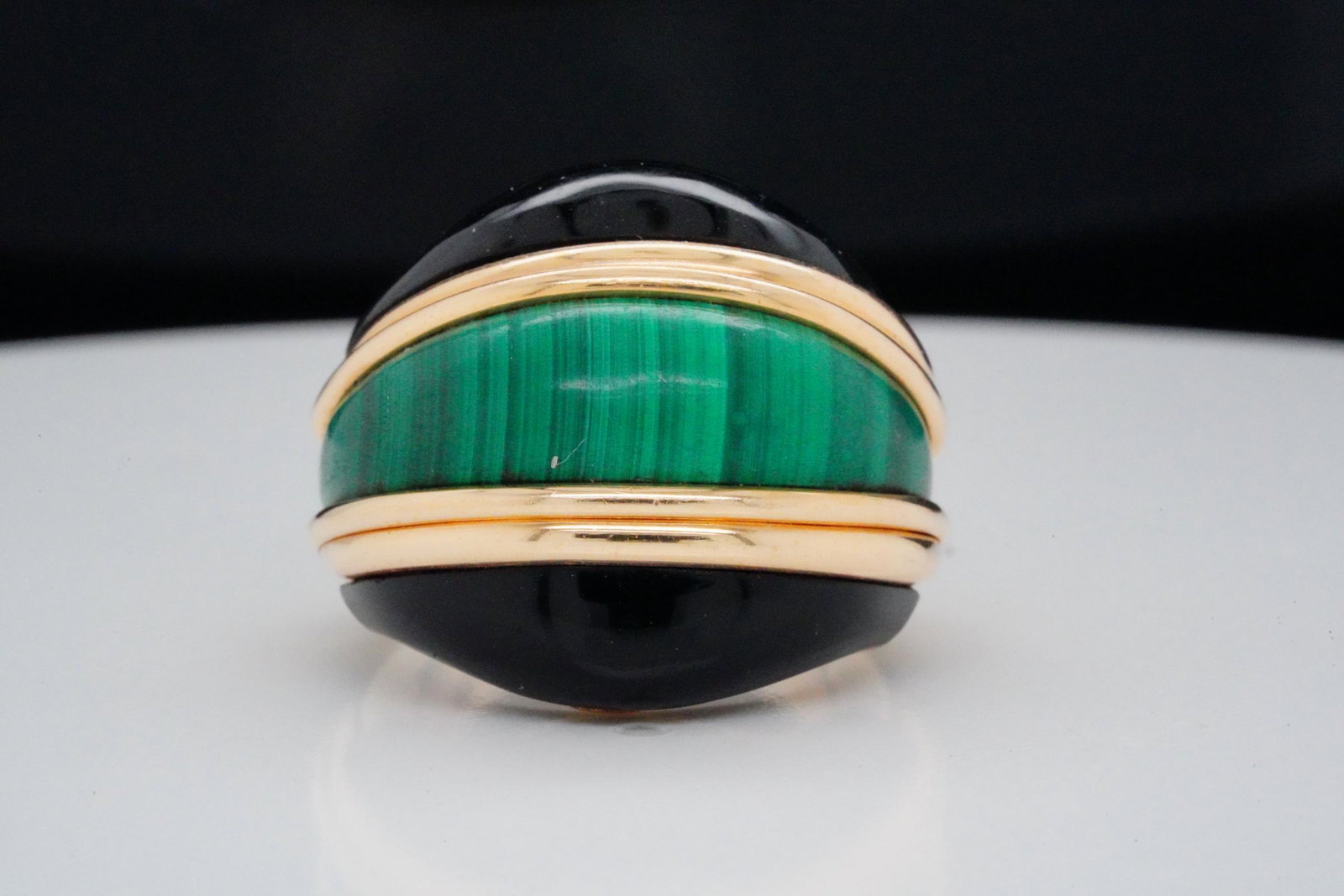 1970s Solid 14K Yellow Gold, Malachite and Onyx Ring (1 of 6)