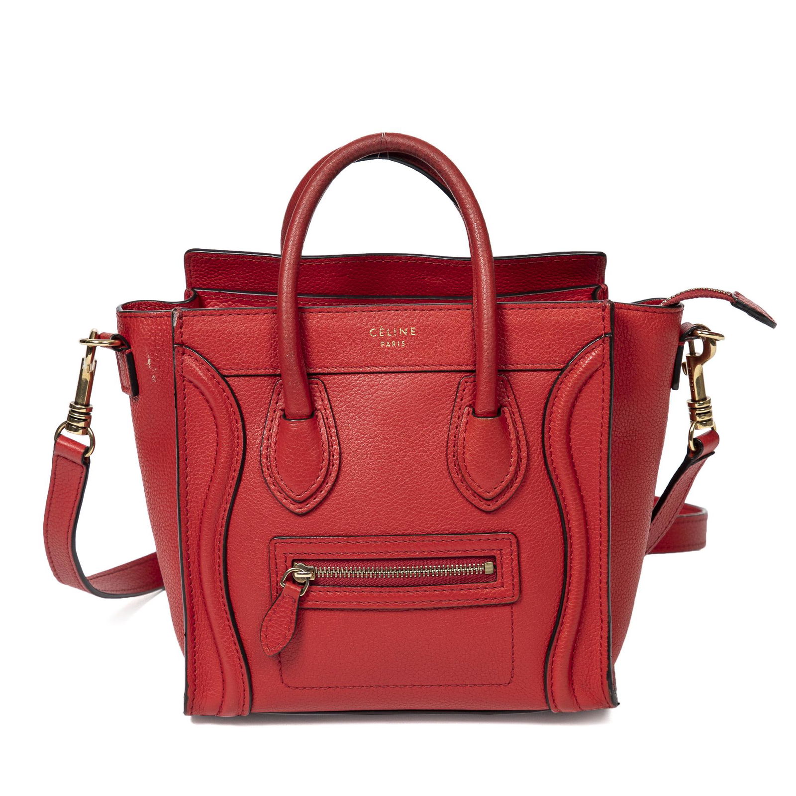 Celine Red Grained Calfskin Luggage Micro Shoulder Bag: Celine Red Grained Calfskin Luggage Micro Shoulder Bag - This Micro Luggage shoulder bag from Celine is crafted of red grained calfskin leather and features a front side zippered pocket, double top ro