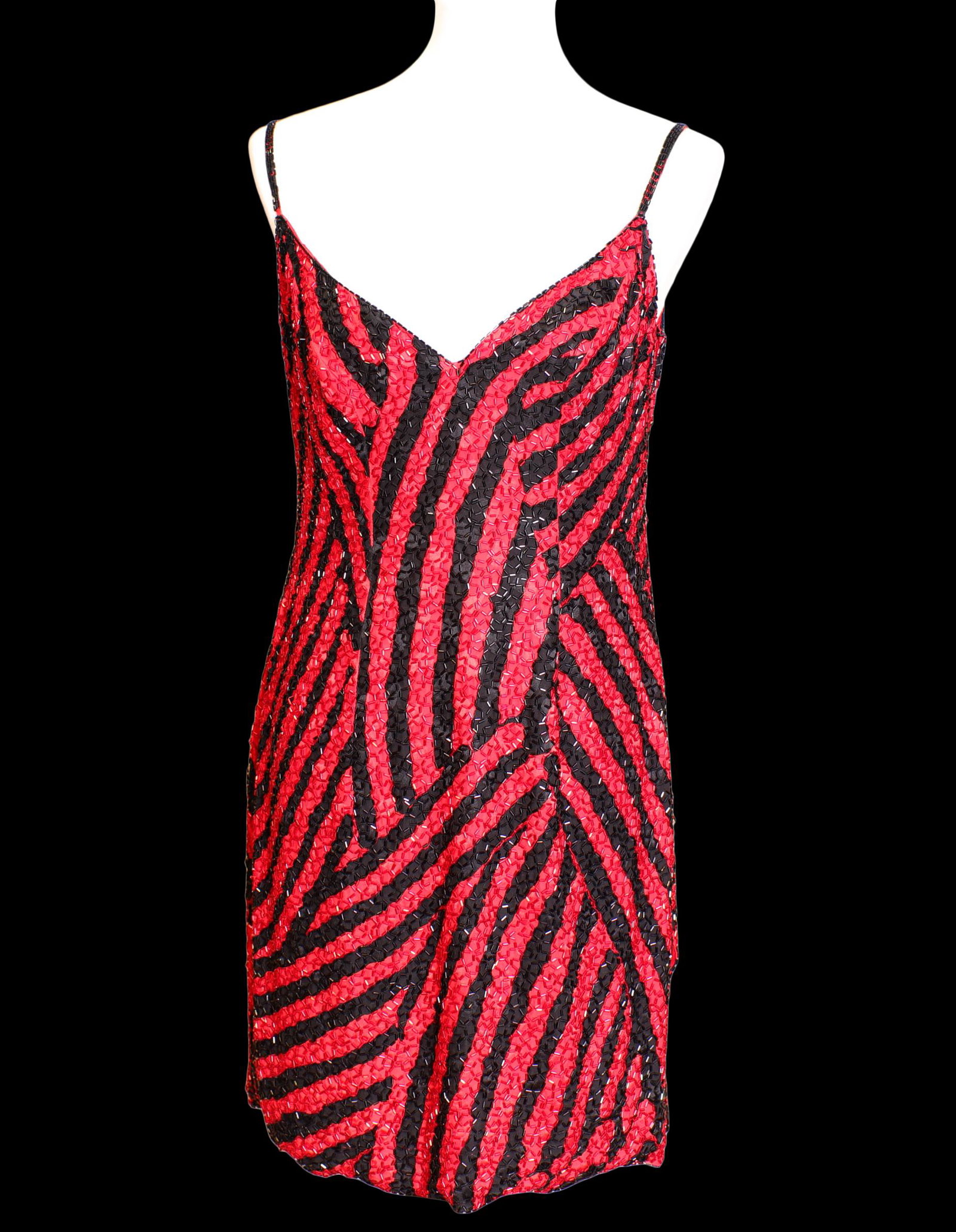 Jeran Designs Beaded Striped Mini Dress, Red/Black (1 of 10)