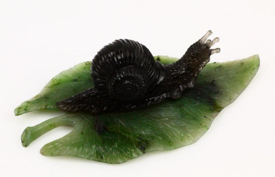 Carved Obsidian Snail on Nephrite Leaf Statuette (1 of 6)