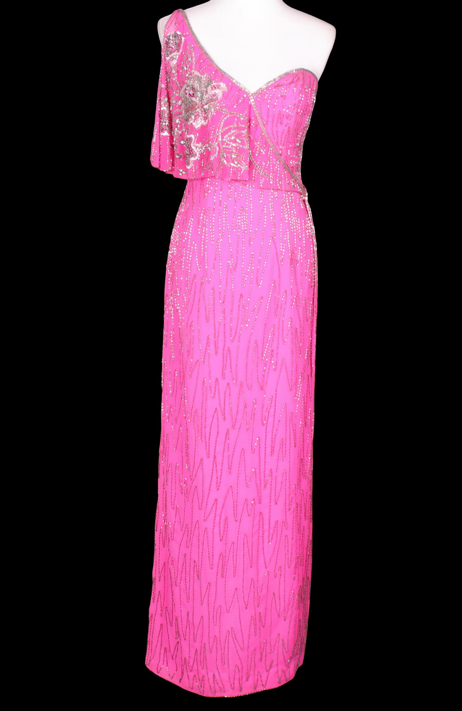 Jeran Designs Beaded Chiffon 1-Shoulder Gown, Pink (1 of 7)