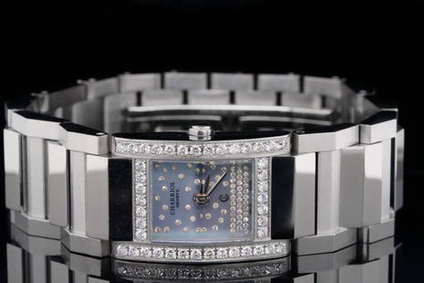 Charriol 0.40ctw Diamond & Stainless Steel Megeve Watch: Charriol 0.40ctw Diamond and Stainless Steel Megeve Ladies Watch W/Blue Mother of Pearl Dial - This lovely ladies timepiece from Charriol is crafted of stainless steel and has a 19mm x 26.5mm rectangu