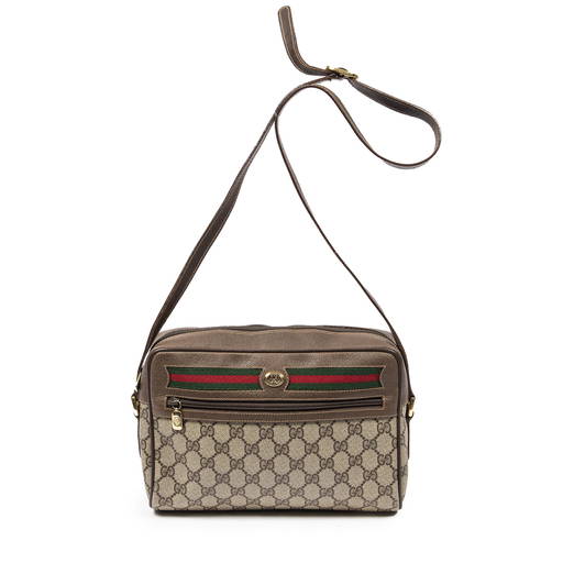 Gucci Beige GG Monogram Canvas Bee Web Camera Bag Gold Hardware