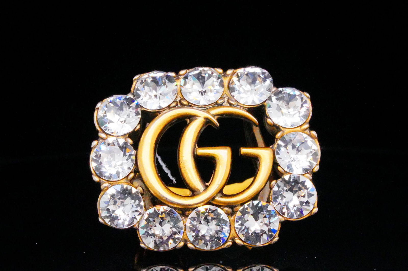 Gucci Clear Crystal and Antiqued Brass GG Marmont Ring (1 of 5)