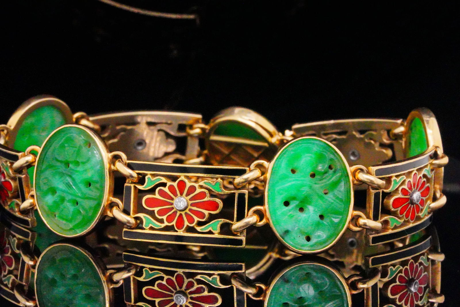 Art Deco Carved Jade, Enamel and 14K Bracelet W/Diamonds (1 of 6)