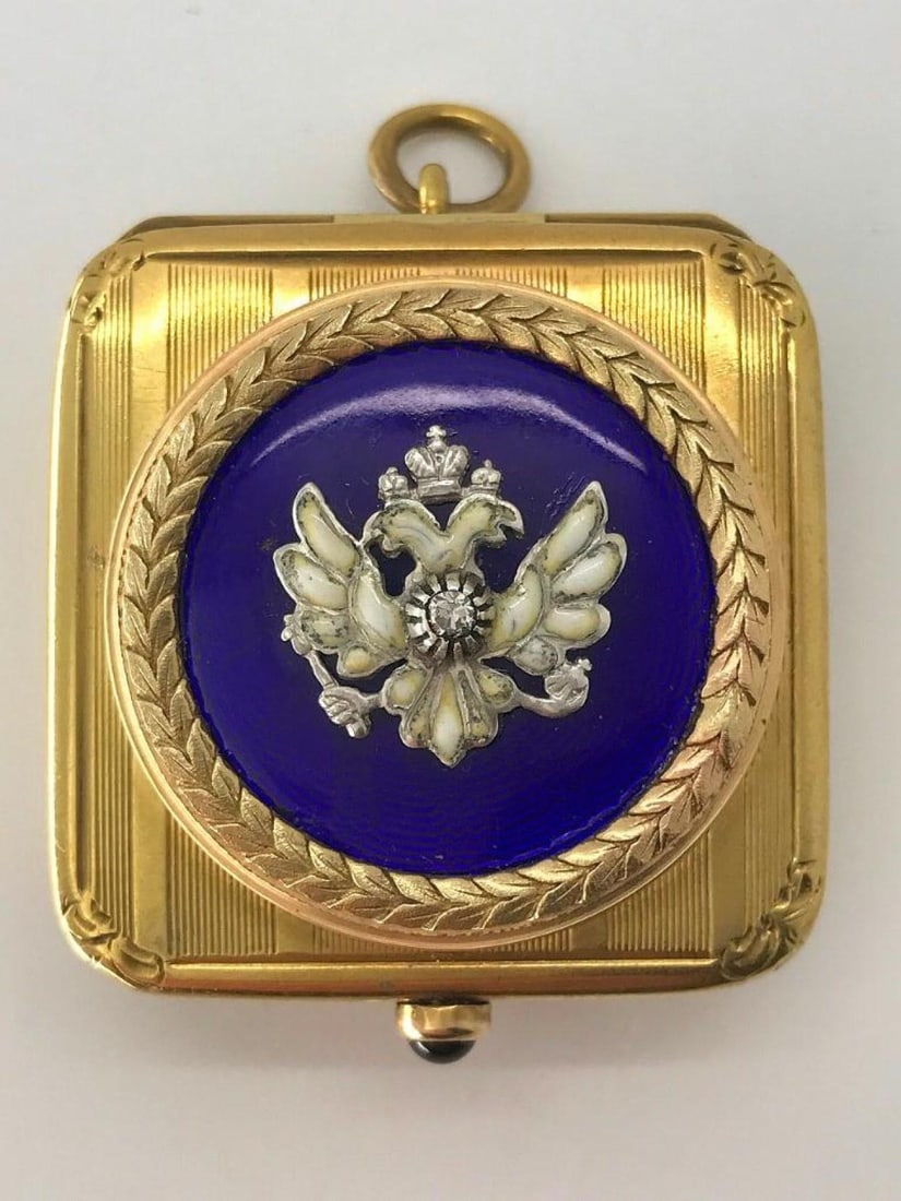 Vintage 14K Yellow Gold and Blue Enamel Pill Box: Vintage 14K Yellow Gold and Blue Enamel Pill Box w/Diamond and Cabochon Ruby Accents - This stunning piece is made of solid 14K yellow gold. The piece has strategic attention to detail, as it has band