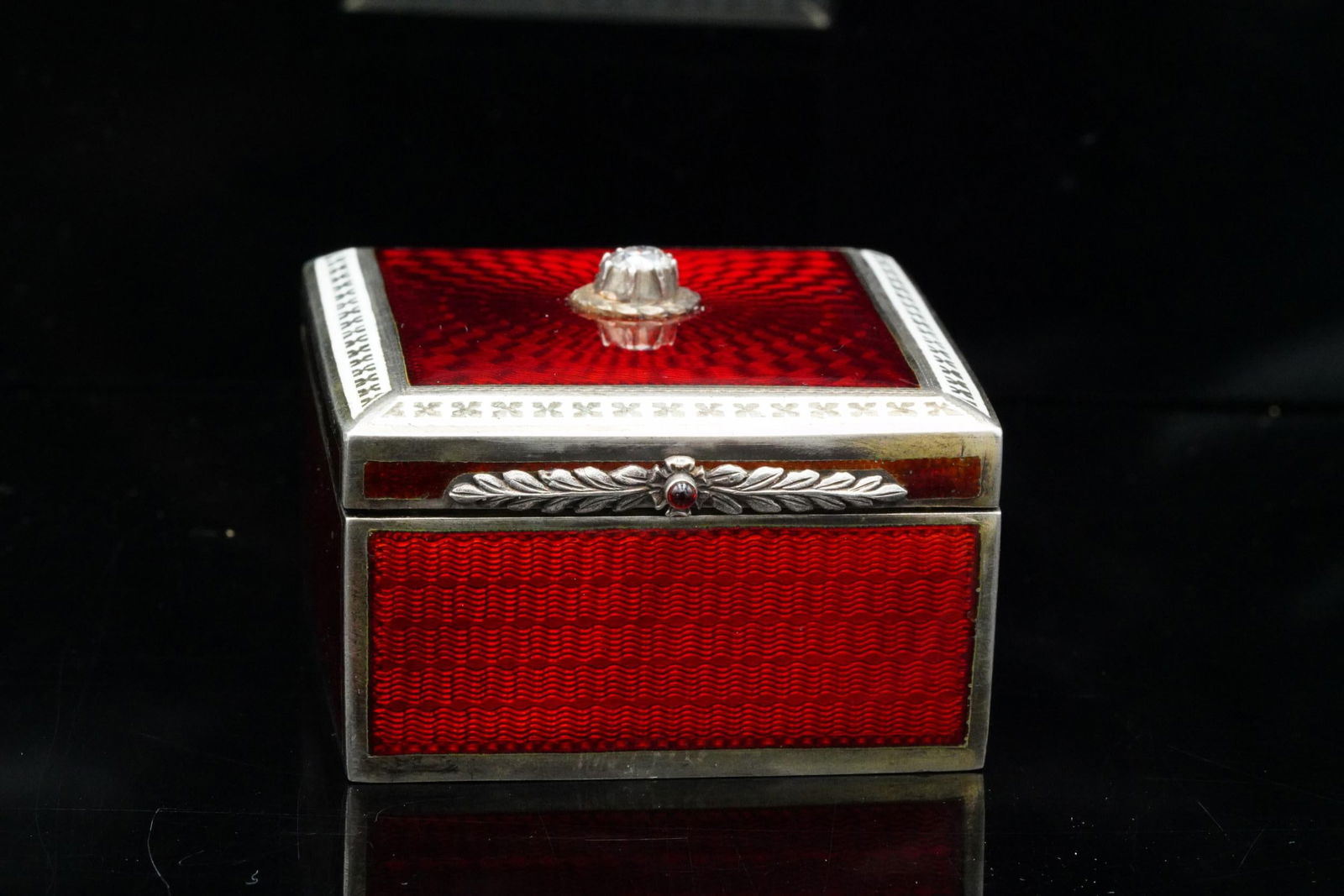 Red Guilloche Enamel, Diamond and Silver Pill Box: Red Guilloche Enamel, 0.50ct Mine Cut Diamond and Solid Silver Pill Box W/Fitted Box - This gorgeous piece is made of solid silver and is decorated with absolutely stunning burnt red guilloche enamel.