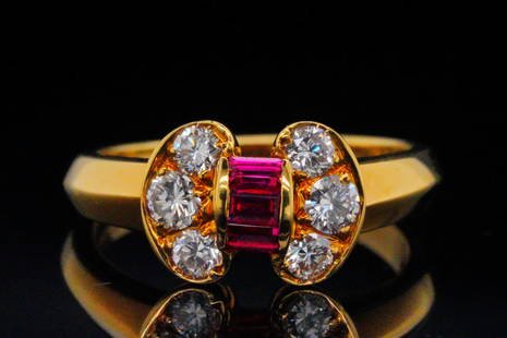 Van Cleef & Arpels 0.60ctw Diamond and Ruby 18K Ring: Van Cleef & Arpels Vintage 0.40ctw VS1-VS2/F-G Diamond, 0.20ctw Ruby and 18K Yellow Gold Bow Ring - This beautiful ring from Van Cleef & Arpels was finely crafted of solid 18k yellow gold and has an