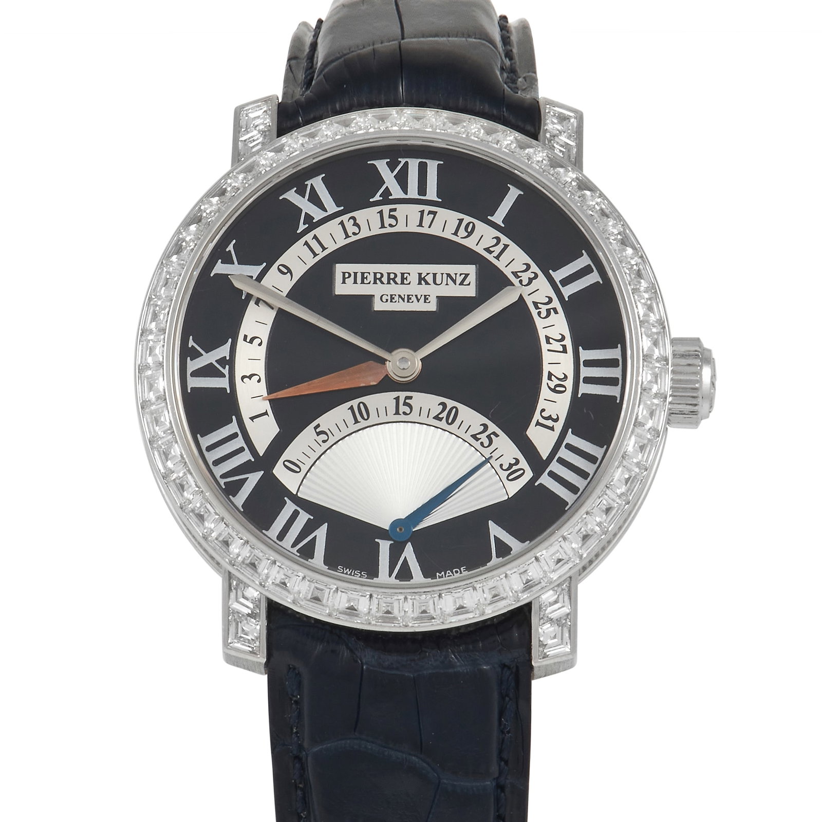 Pierre Kunz Spirit of Challenge Retrograde 18K Watch: Pierre Kunz Spirit of Challenge Retrograde 41mm 18K White Gold and Diamond Automatic Watch W/Leather Strap and Papers (Ref. PKA 011 SDR.3) - This exquisite timepiece from Pierre Kunz has a marvelous d