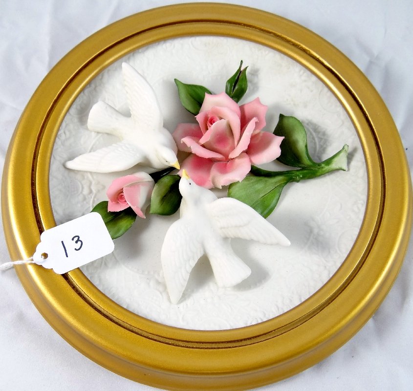 Vintage Franklin Mint Sculpture Plate: Vintage Franklin Mint "Capodimonte Doves and Roses of Love" Sculpture Plate. This beautiful 3 dimensional sculptured plate is hand painted & crafted in fine bisque porcelain. The plate is hand numbere