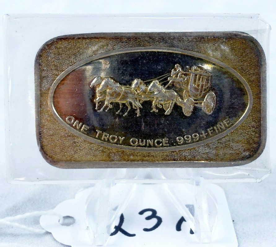1974 H&H Silver .999 Fine 1oz. Silver Bar: Vintage 1974 H&H Silver .999 Fine Silver Bar in Plastic Sleeve (One Troy Oz.). This bar is a "curved edge" ERROR bar, and similar bars sell on other online auction websites from $175-$299. The larger
