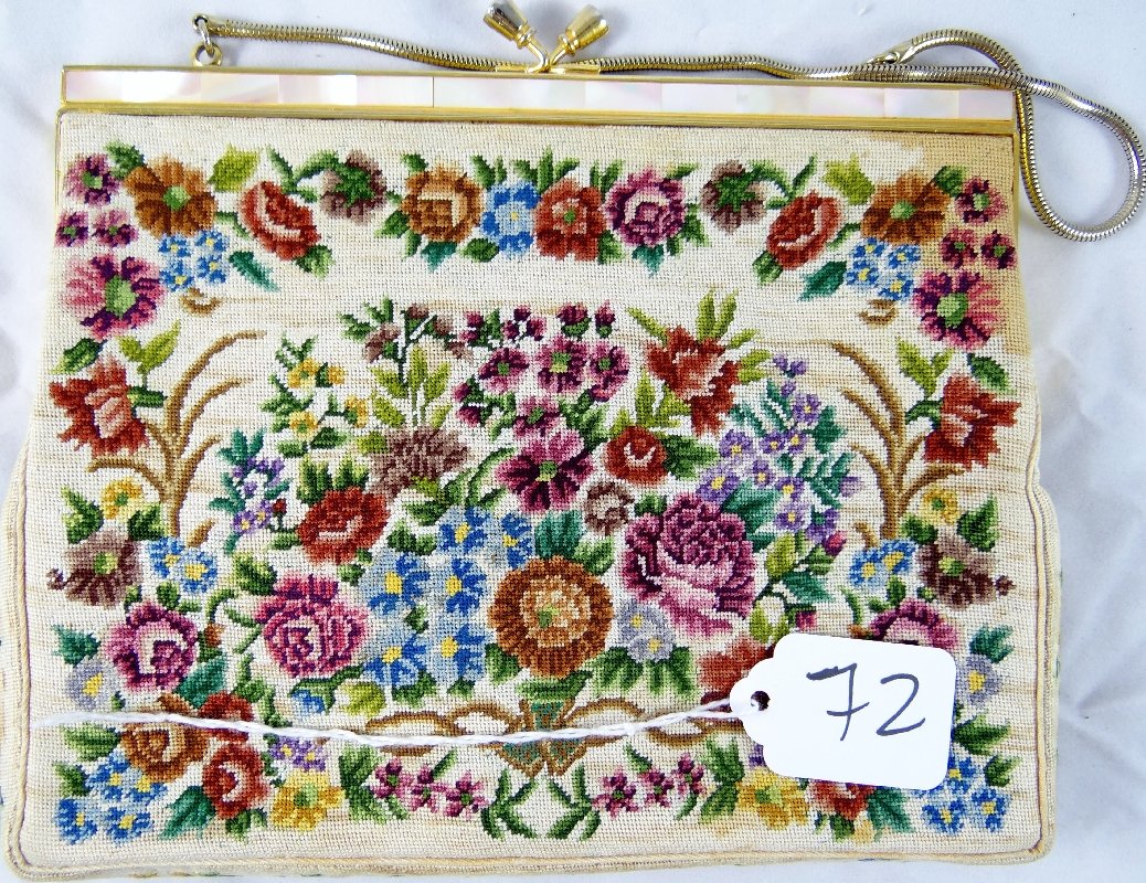 Petite Needlepoint Handbag W/Mother of Pearl: This gorgeous handbag features a floral pattern on all sides in beautiful Autumn colors. The purse is topped on both sides with an iridescent mother of pearl frame and a gold snake chain to be carried