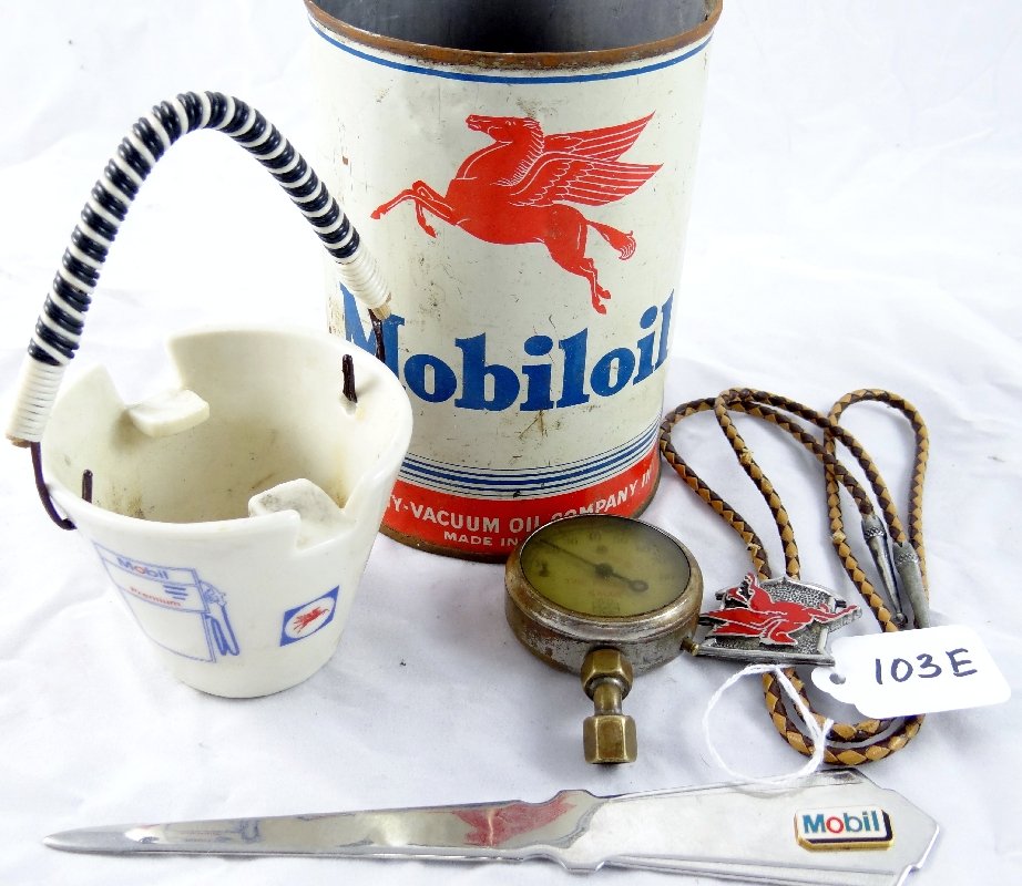 Vintage Mobil Oil Mixed Lot-(Bolo & More): Mobil Oil Vintage Item Mixed Lot-(Vintage Mobil Bolo,40's Porcelain Ashtray,Oil Can,Gauge & More). This is a truly amazing lot that includes: 1-Mobil Oil Bolo W/Original tie (est. value $200),1-Circa 
