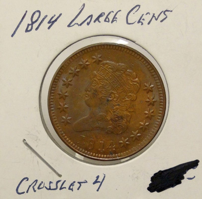 1814 Classic Head Large Cent "W/ERROR": 1814 Classic Head Large Cent "Crosslet 4" -Mintage: 357,830-All kinds (there are 2 varieties in this year)- THIS COIN HAS AN UNDOCUMENTED ERROR! The first (1) in the year is 1/1, it has clear doubling