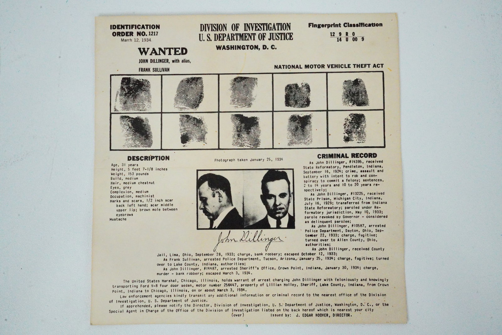 John Dillinger Vintage U.S. Department of Justice Wanted Poster (1 of 3)