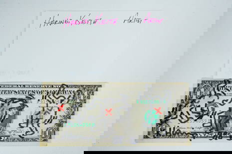 Keith Haring Hand Signed Drawing on U.S. $1 Bill W/LOA: Keith Haring Hand Signed Drawing on U.S. $1 Bill W/LOA - This U.S. $1 bill has a drawing by Keith Haring and is hand signed and dated '88. The lot is accompanied by a letter of authenticity. Keith Har