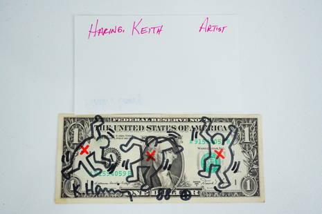 Keith Haring Hand Signed Drawing on U.S. $1 Bill W/LOA: Keith Haring Hand Signed Drawing on U.S. $1 Bill W/LOA - This U.S. $1 bill has a drawing by Keith Haring and is hand signed and dated '88. The lot is accompanied by a letter of authenticity. Keith Har