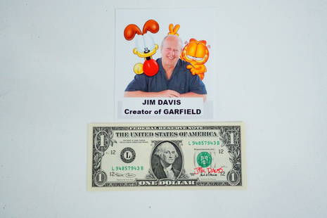 Jim Davis Signed U.S. $1 Bill: Jim Davis Signed U.S. $1 Bill - This 2001 U.S. $1 bill is signed by American cartoonist, screenwriter, and producer, Jim Davis, best known as the creator of the comic strips Garfield and U.S. Acres. T