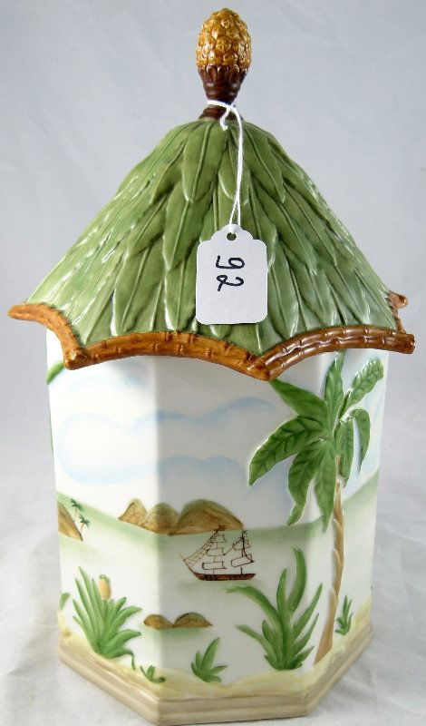Lenox "British Colonial" Cookie Jar: This item is a WONDERFUL Lenox large cookie jar from the British Colonial Collection. It features palm trees & tropical islands designs. It measures approx. 8" in diameter, and 12 & 1/2" tall to the t