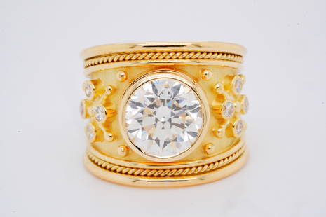 Elizabeth Gage 4.02ct GIA VS2/K Diamond and 18K Ring: Elizabeth Gage 4.02ct GIA Certified VS2/K Diamond and Solid 18K Yellow Gold 18.5mm Wide Tapered Templar Ring W/Diamond Accents - GUARANTEED FREE SHIPPING WILL ARRIVE BEFORE CHRISTMAS IF PAYMENT