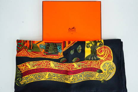 Hermes "L'Atlantide" by Annie Faivre Twill Silk Scarf 90: Hermes "L'Atlantide" by Annie Faivre Twill Silk Scarf 90 W/Box (100% Silk) - This exquisite silk scarf from Hermes features the L'Atlantide motif designed by Annie Faivre in 1995, featuring a dramatic