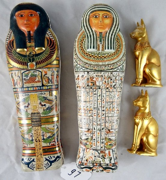 Mixed Lot of Vintage Eqyptian Items: There are (2) tin boxes & (2) cast iron sphinx figurines.