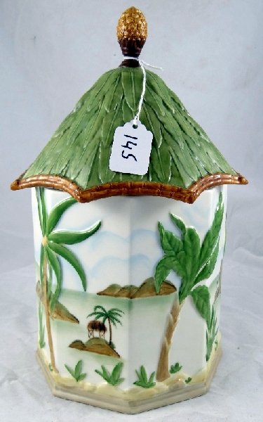 Lenox "British Colonial Collection" Cookie Jar: This item is a WONDERFUL Lenox large cookie jar from the British Colonial Collection. It features palm trees & tropical islands designs. It measures approx. 8" in diameter, and 12 & 1/2" tall to the t